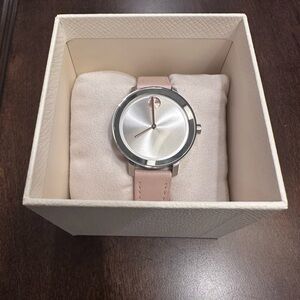 Minimalist Silver Dial Watch with Blush Pink Leather Strap